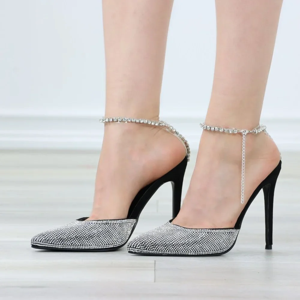 Black Pointed Toe Sparkly Rhinestone Ankle Strap High Heel Shoes Stiletto - Picture 11 of 13
